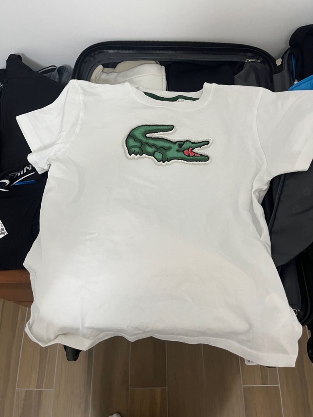 Lacoste White Short Sleeve Tee with Green Crocodile Patch and Red Detail